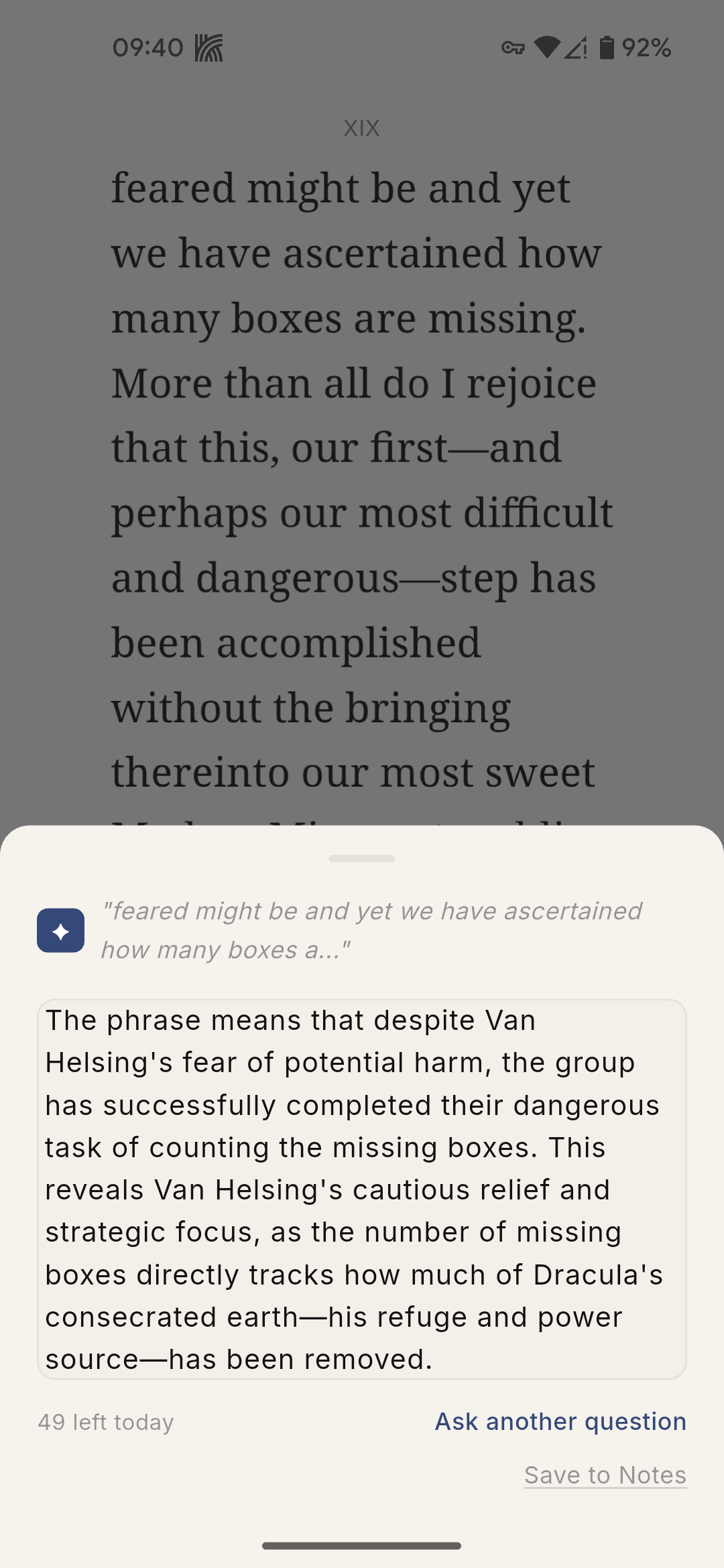 BetterReads explaining a selected passage from Dracula, with options to ask another question or save the answer to notes