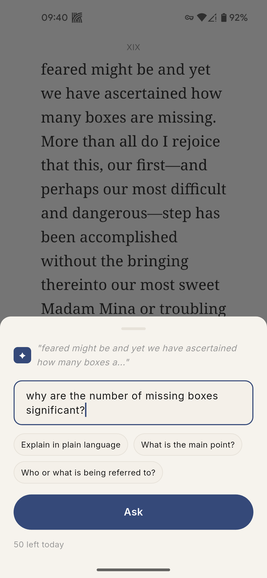 BetterReads follow-up question sheet with a custom question field and optional suggested questions