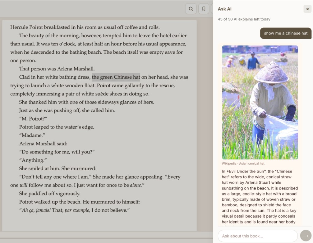 Ask AI explaining “the green Chinese hat” with a reference image from Wikipedia, alongside the passage in the reader
