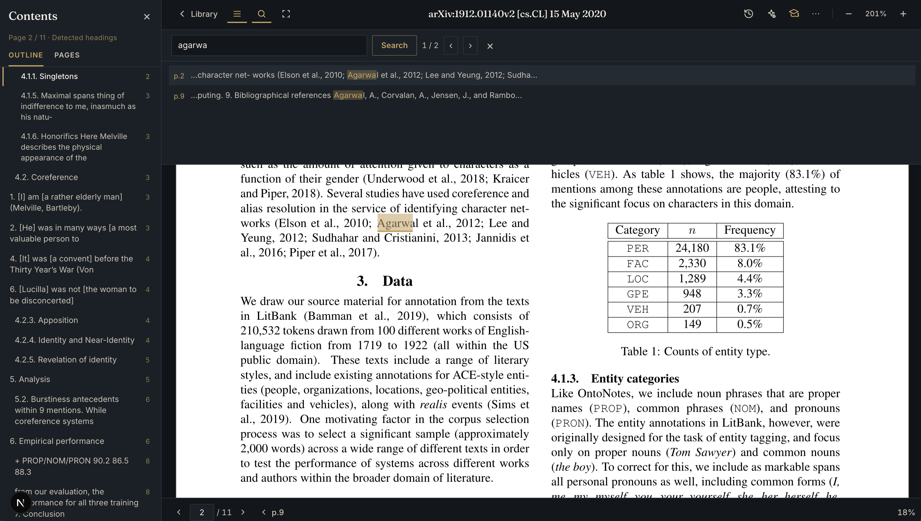 BetterReads PDF citation search showing the source passage on page 2 and the matching bibliography entry on page 9