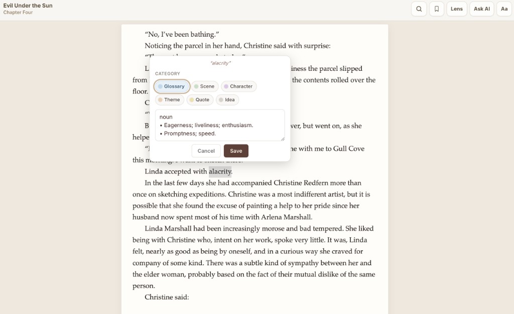 Glossary annotation for “alacrity” in Evil Under the Sun, with an auto-filled definition ready to save