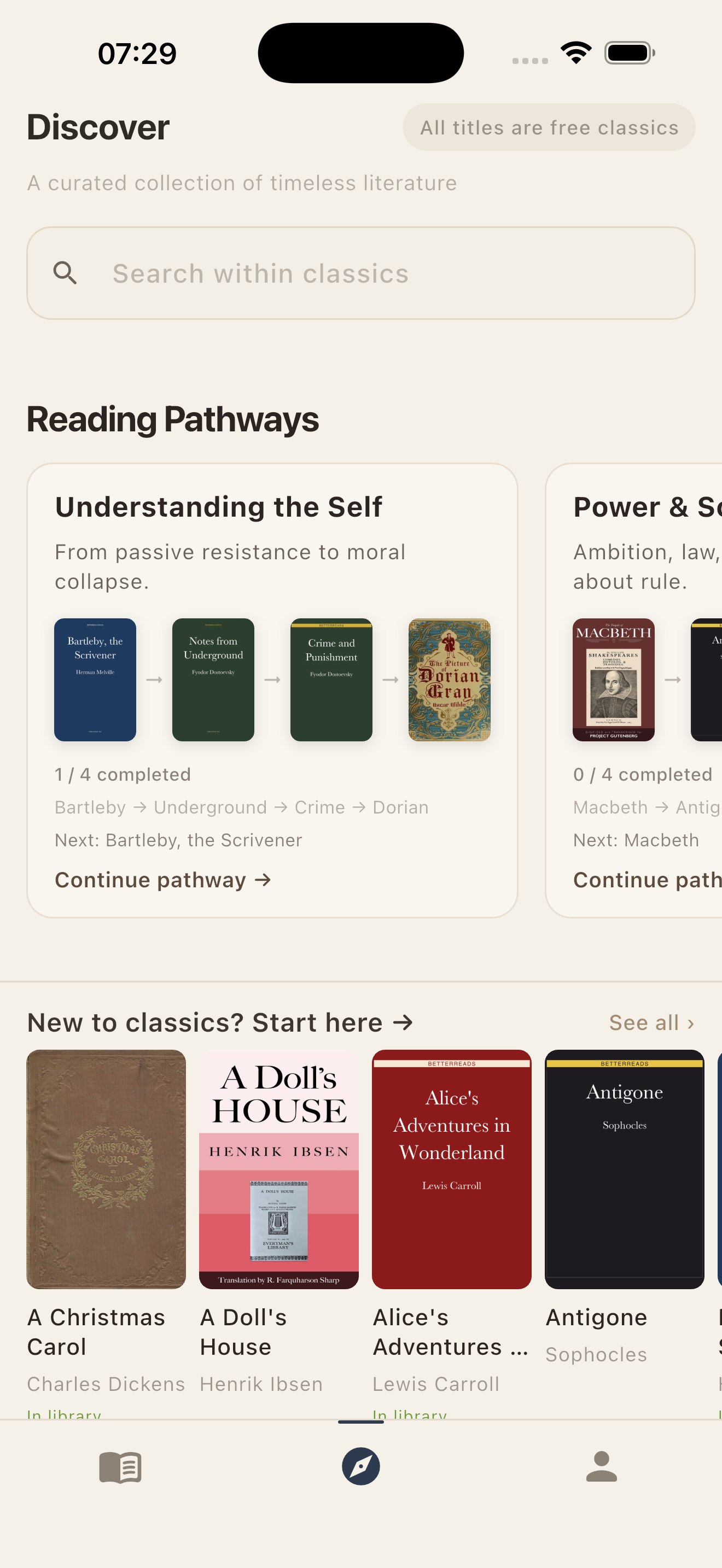BetterReads Discover: Reading Pathways carousel with “Understanding the Self” and progress