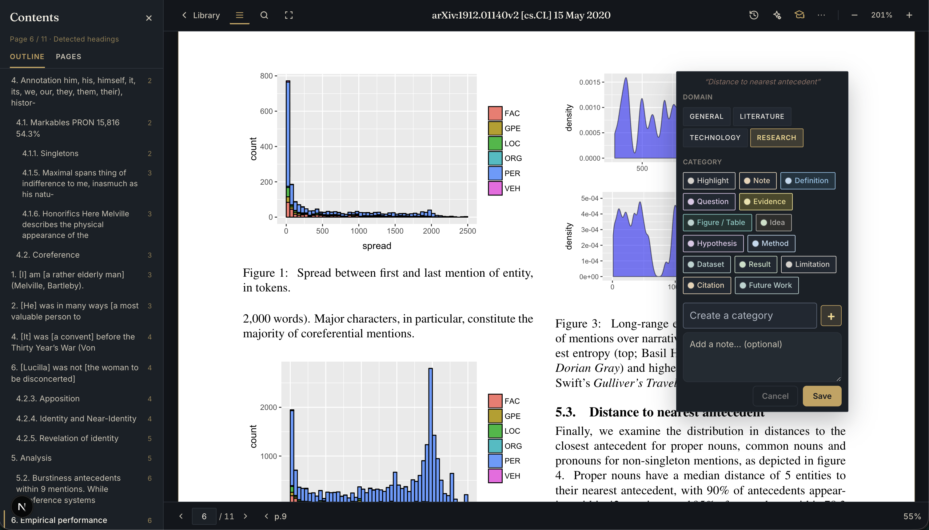 BetterReads semantic annotation editor with the Research domain and research-focused categories