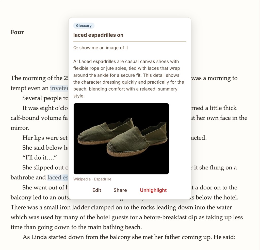 Hover popup on a saved highlight: glossary label, Q&A, explanation, and Wikipedia image for espadrilles